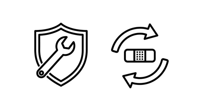 Patch management icons: shield with wrench for security patching and arrows with bandage for fix deployment and software updates with security icon with software update with line art with bug fix