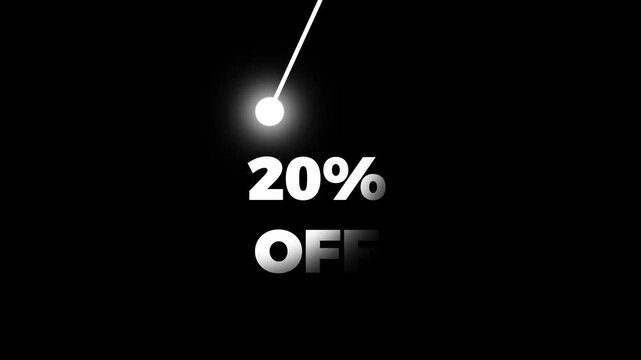 Abstract glowing 20% OFF Sale Text with Hanging Light Bulb on Dark Background, Minimalist Discount with 4k video animation.