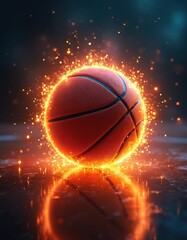 Obraz premium Basketball radiates intense orange fire and bright sparks on dark wet court surface. Glowing ball reflects on wet floor, creating energetic motion effect. Fantasy sports concept art.