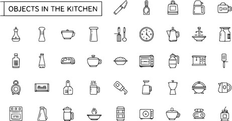 Fototapeta premium Kitchen Objects Line Icons Set: Utensils, Appliances, Cookware, and Dining Items