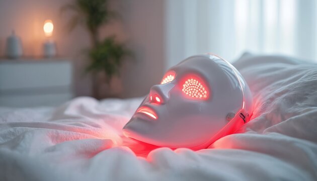 LED facial mask with red light therapy rests on white bed sheets. Device uses photon therapy for skin rejuvenation and anti-aging benefits. Modern beauty gadget for home spa treatments.