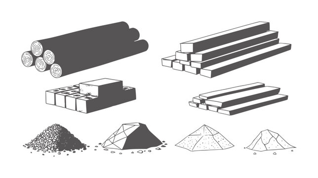 Stacked construction including logs bricks lumber and piles of gravel and sand