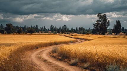 Obraz premium Stunning photo of dirt track winds through a golden wheat field under a cloudy sky, with trees in the distance.