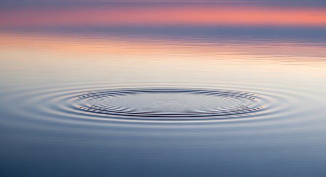 Calm water ripples spreading across a peaceful lake surface at sunset with orange sky reflection