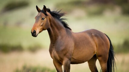 Obraz premium Bay horse standing motionless in blurred grassy meadow