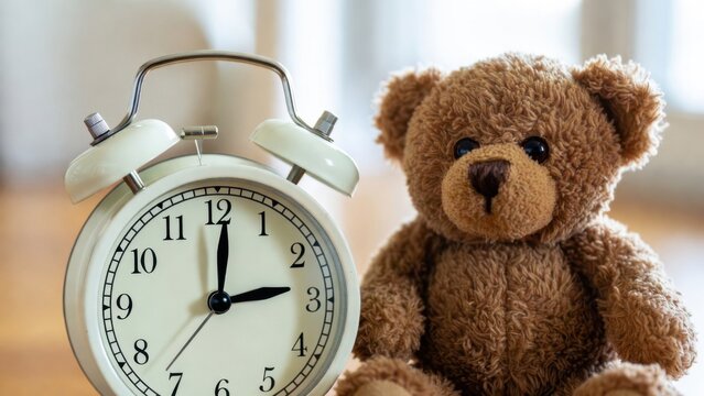 Toy bear sitting beside vintage alarm clock on table
