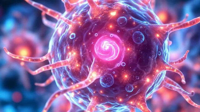 A vibrant, magnified view of a virus cell in a colorful atmosphere.