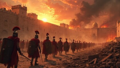 Obraz premium Roman legionnaires march past burning city walls. Soldiers in armor with shields and swords advance. Smoke and fire fill the sky during ancient siege.
