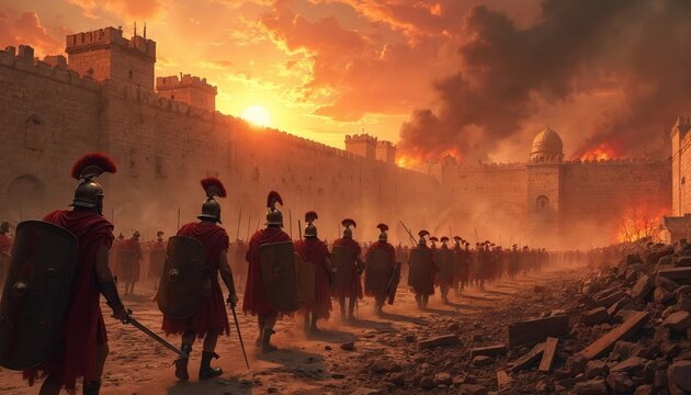 Roman legionnaires march past burning city walls. Soldiers in armor with shields and swords advance. Smoke and fire fill the sky during ancient siege.
