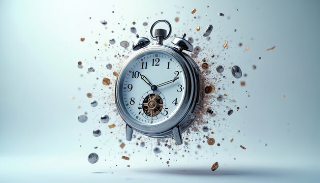 Alarm clock exploding into pieces. Time fragments fly from timepiece. Concept of passing time, deadline, clockwork mechanism or temporal disruption.