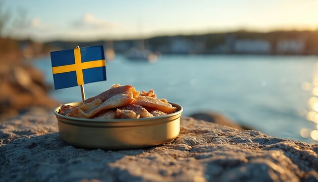 Fermented herring can with Swedish flag sits on seaside stones. Blue water and distant town form background. Golden hour light hits food and nature.