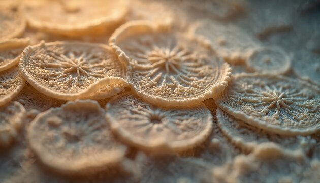 Diatomaceous earth powder close up. Microscopic view shows circular diatom fossils with detailed geometric patterns and crystalline structures. Natural silica substance shown.