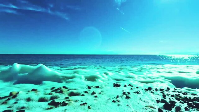 Ocean waves crash on a rocky beach on a sunny day