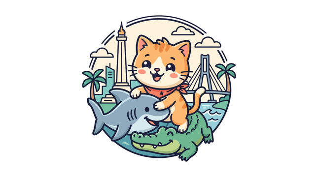 Happy Cat Riding a Shark and Crocodile with City Landmark