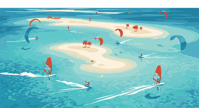 Kiteboarders and windsurfers enjoy a sunny day on a turquoise ocean