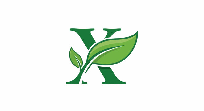Green leaves grow on a dark green letter X against a white background