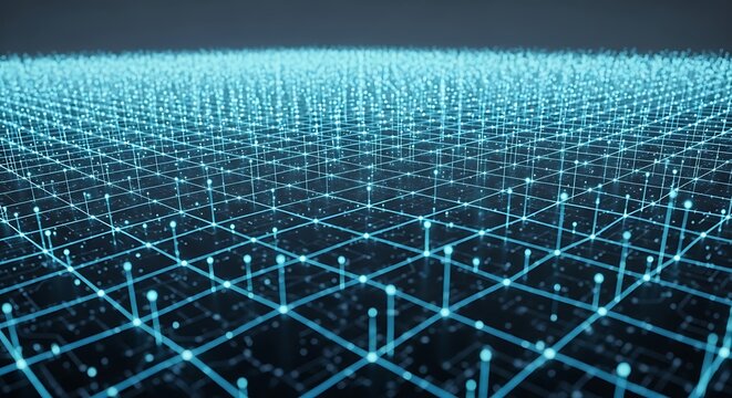 Abstract blue glowing grid representing data network and technological connections, symbolizing digital information flow and futuristic cyberspace infrastructure for global communication