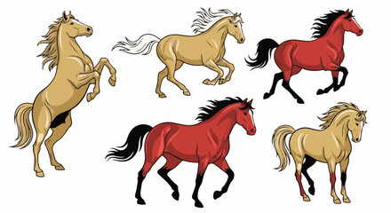 Fototapeta premium Five pixelated horses, two brown, three red, in various running poses