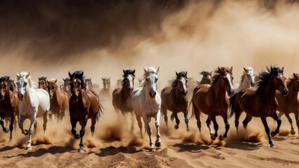 Obraz premium Mixed herd of horses running across sandy desert under dust
