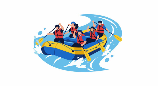 Five people in a raft paddling down a river, white background