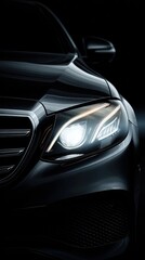Fototapeta premium Stunning photo of modern luxury car headlight glowing in the dark.