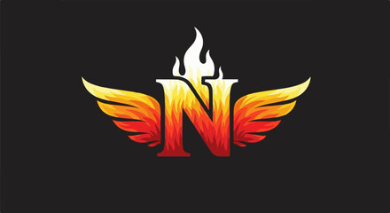 Fototapeta premium Fiery letter N with wings, symbolizing power and speed