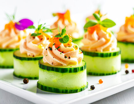 Salmon mousse on cucumbers slices, elegant fine dining platter, macro shot.