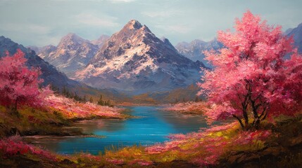 Naklejka premium Stunning photo of oil painting of mountain peaks, river or lake, blooming nature and tree with pink flowers. Natural landscape.