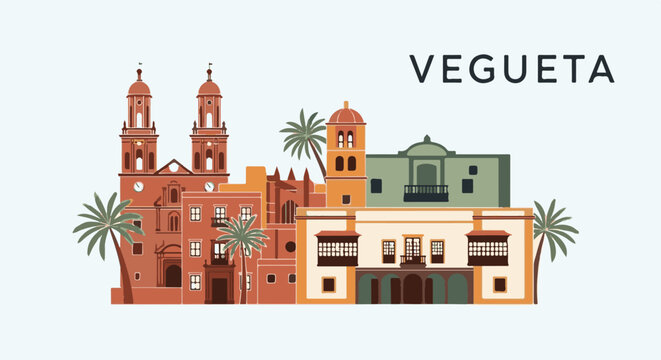 Flat illustration of historical buildings with palm trees and the word Vegueta