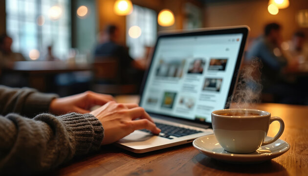 Person types on laptop in cafe with coffee steam rising. Online news reading on device. Casual work leisure on digital screen. Blurred background busy environment. Comfortable setting for browsing