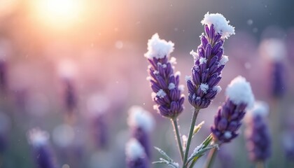 Fototapeta premium Purple lavender flowers dusted with soft snow and frost. Soft morning sunlight illuminates the delicate blossoms. A gentle winter scene with delicate details and pastel colors.