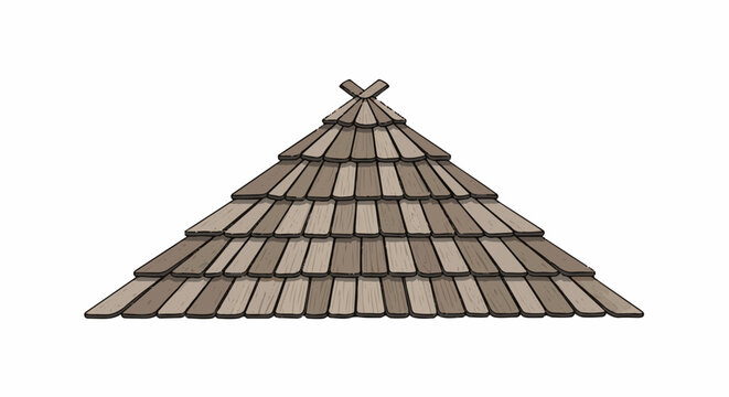 A conical roof made of overlapping wooden shingles against a white background