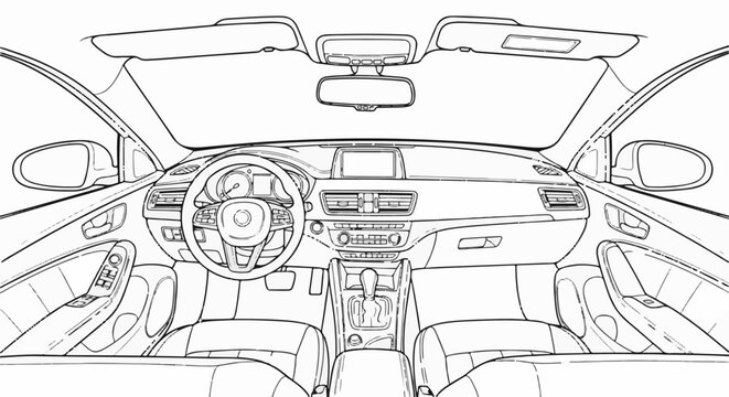 A detailed line drawing of a car's interior, focusing on the dashboard and front seats