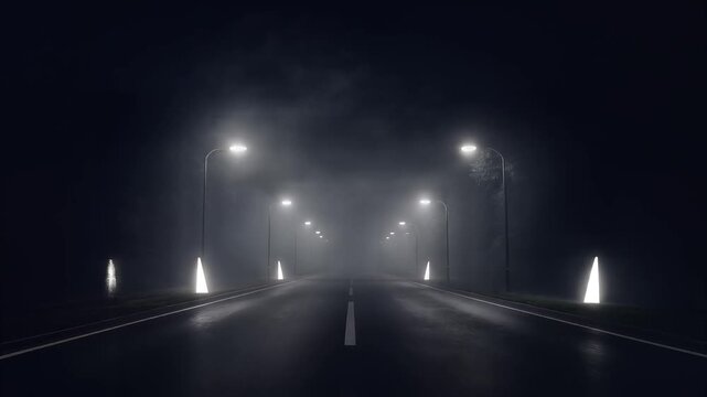 Cinematic journey down a dark, foggy highway with glowing streetlights and illuminated roadside markers, symbolizing mystery, exploration, and the unknown path ahead.