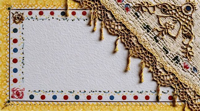 An ornate white rectangular surface bordered by a dotted pattern with floral elements, topped by golden lace and tassels