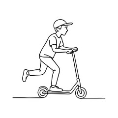 Dibujo minimalista con líneas de un chico con gorra impulsando un patinete con un solo pie, visto de perfil  © teracreonte