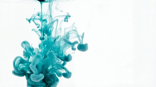 Blue ink swirls in clear water against pure white background. Motion creates graceful, fluid, evolving shapes that feel alive. Ideal for abstract art, design, or creative visuals