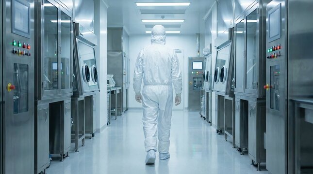 Scientist in full protective suit walking through sterile cleanroom laboratory, research and technology concept, modern high-tech facility