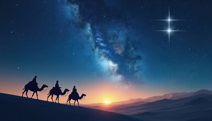 Fototapeta premium Three silhouetted figures ride camels across desert dunes under starry sky. Follow bright star, journeying towards glowing sunset on horizon, representing long spiritual quest, religious narrative
