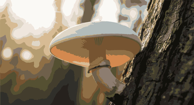 Low-angle view of a light-colored mushroom growing on a textured tree trunk