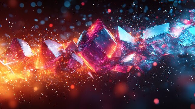 Exploding crystal cubes with colorful light particles, digital illustration