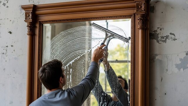 窓からの光を受け古びた木枠の鏡をスクイージーで丁寧に磨く男性. AI Generated