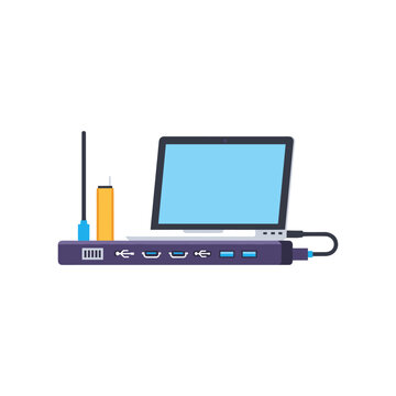 usb hub connected to laptop with ethernet and flash drive vector illustration