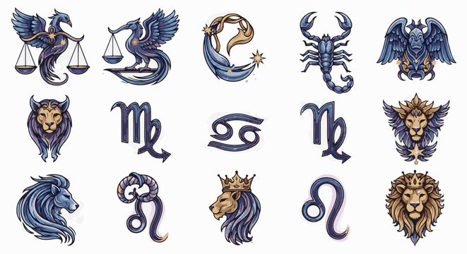 Collection of astrological symbols featuring mythical creatures and zodiac signs