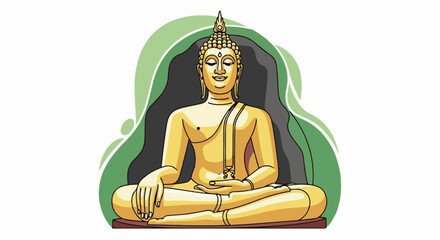 Obraz premium Golden Buddha statue in meditation pose, against a backdrop of abstract green waves