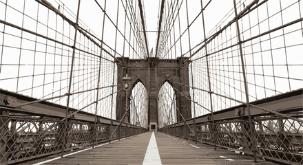 Fototapeta premium View from a bridge walkway, looking towards massive stone towers and suspension cables