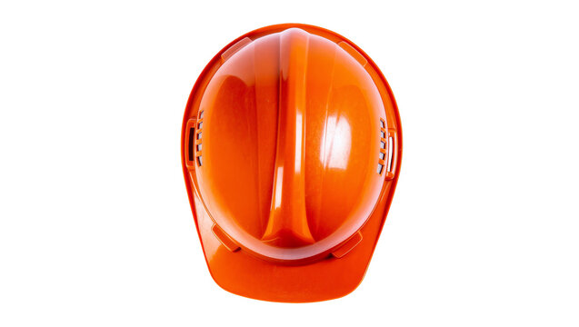 Isolated top view of a bright orange industrial safety hard hat protective helmet