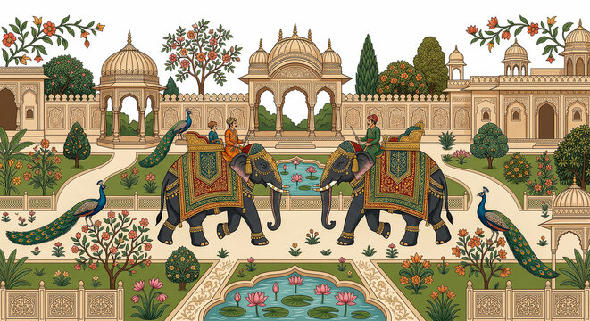 A vibrant detailed illustration depicts a royal procession of elephants and riders in front of an ornate indian palace on transparent background
