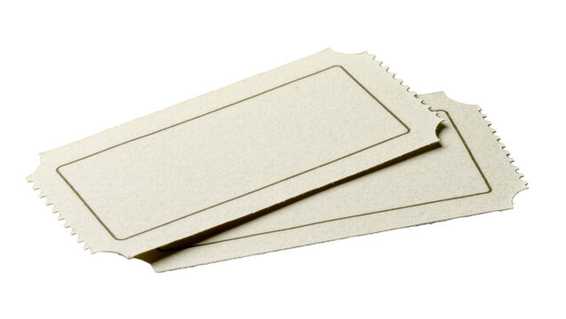 Isolated two blank customizable off-white paper tickets with textured surface and serrated edges