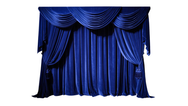 Isolated luxurious blue velvet stage curtains with elegant drapes and tied-back sides.